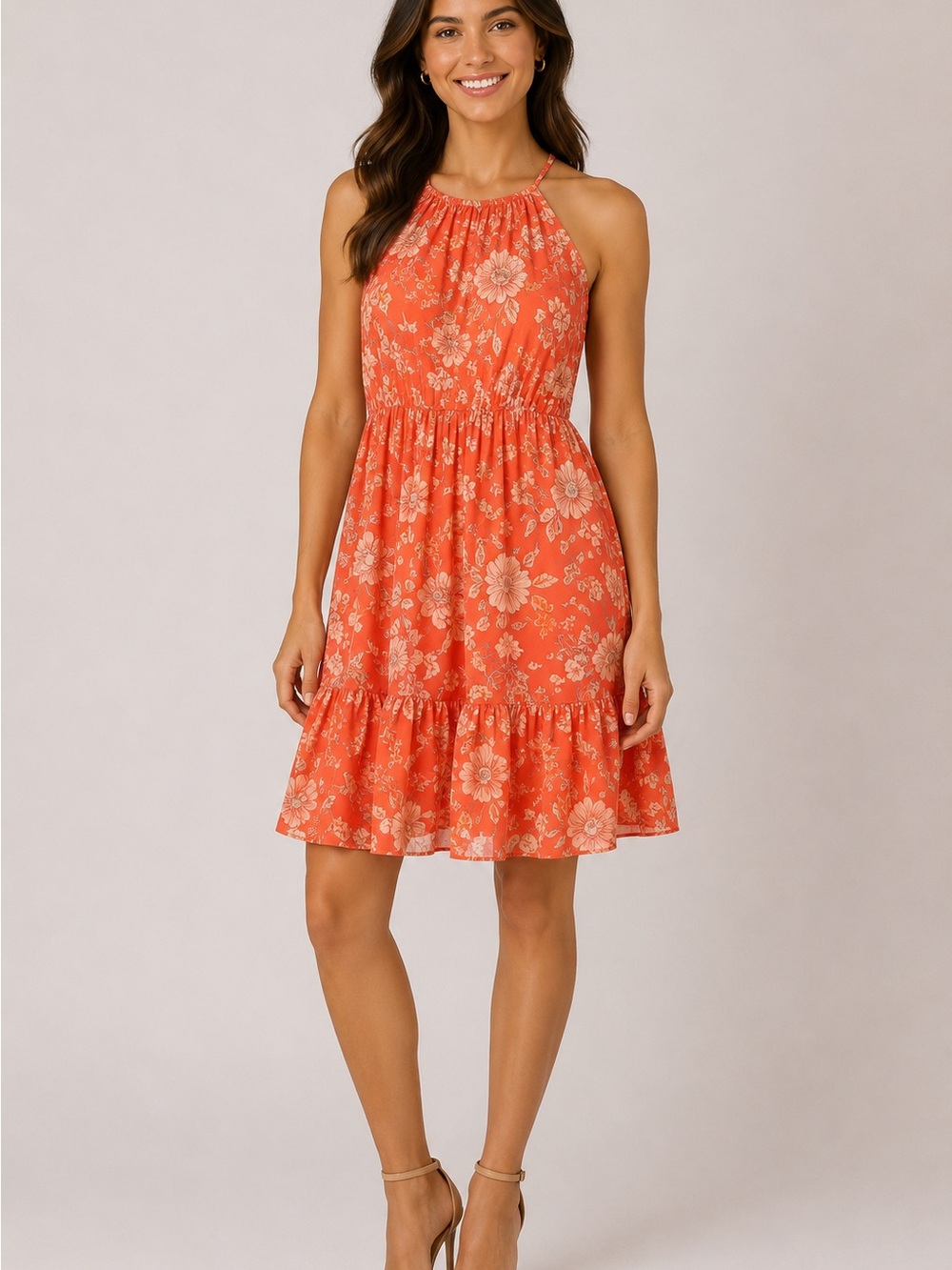 NWT Vince Camuto Coral Floral Halter Tiered Dress – Size 14 – MSRP $138